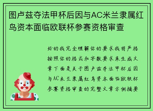 图卢兹夺法甲杯后因与AC米兰隶属红鸟资本面临欧联杯参赛资格审查