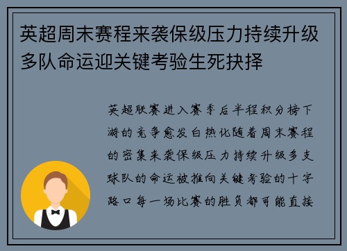 英超周末赛程来袭保级压力持续升级多队命运迎关键考验生死抉择 英超周末赛程来袭保级压力持续升级多队命运迎关键考验生死抉择